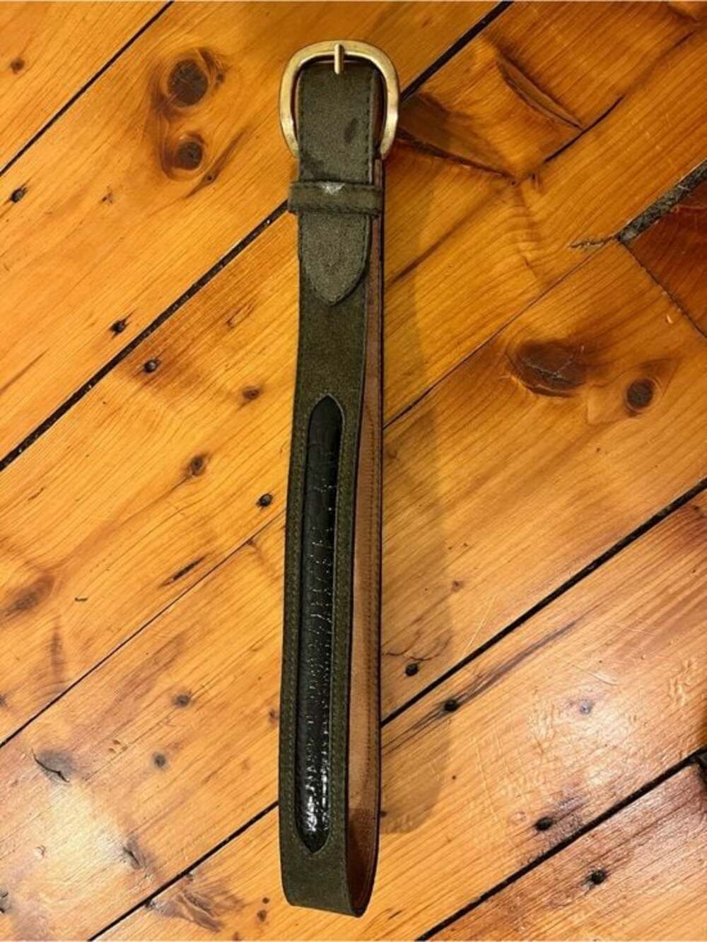 Sisley Olive Green Suede Belt with Brown Edge and Black Croc-Texture Accent